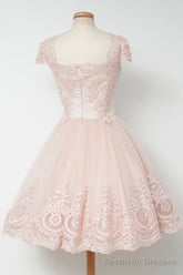 Vintage Knee Length A Line Pearl Pink Lace Homecoming Dresses
